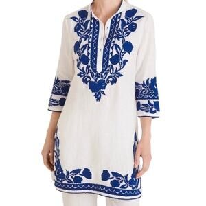 Chico's Linen Kaftan Tunic Dress Top Blue White Floral Applique 2 12/14